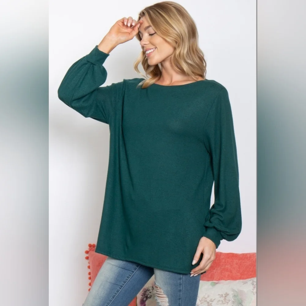 PUFF SLEEVED BOAT NECK BRUSHED HACCI TOP- HUNTER GREEN - Picture 3 of 6